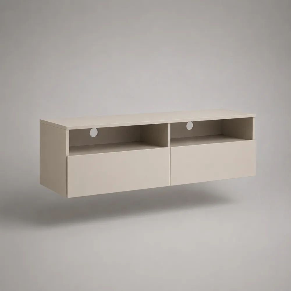 Hängendes TV-Lowboard aus Holz, Beige, mit 2 Klappen und Kabeldurchführungen, 120 × 35 × 40 cm