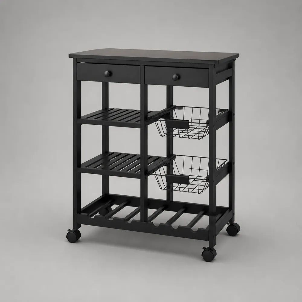 Küchenwagen aus Holz und Metall auf Rollen mit 2 Schubladen, 2 Drahtkörben und Flaschenablage, Schwarz, 67 × 37 × 84 cm