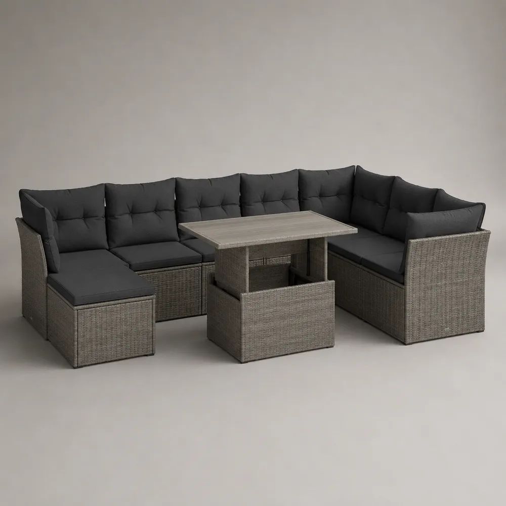 5-teiliges Gartenmöbel-Set mit U-förmigem Gartensofa und höhenverstellbarem Esstisch, PE-Rattan und Stahl, Grau/Anthrazit/Hellgrau, 250 × 190 × 85 cm