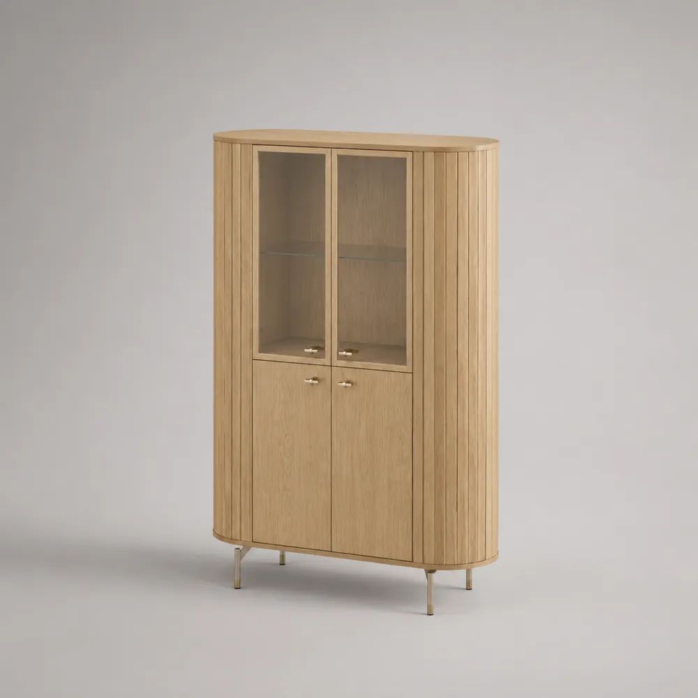 Vitrinenschrank mit 4 Türen aus MDF, Holz und Glas, abgerundete Form, Natur, 100 × 40 × 170 cm