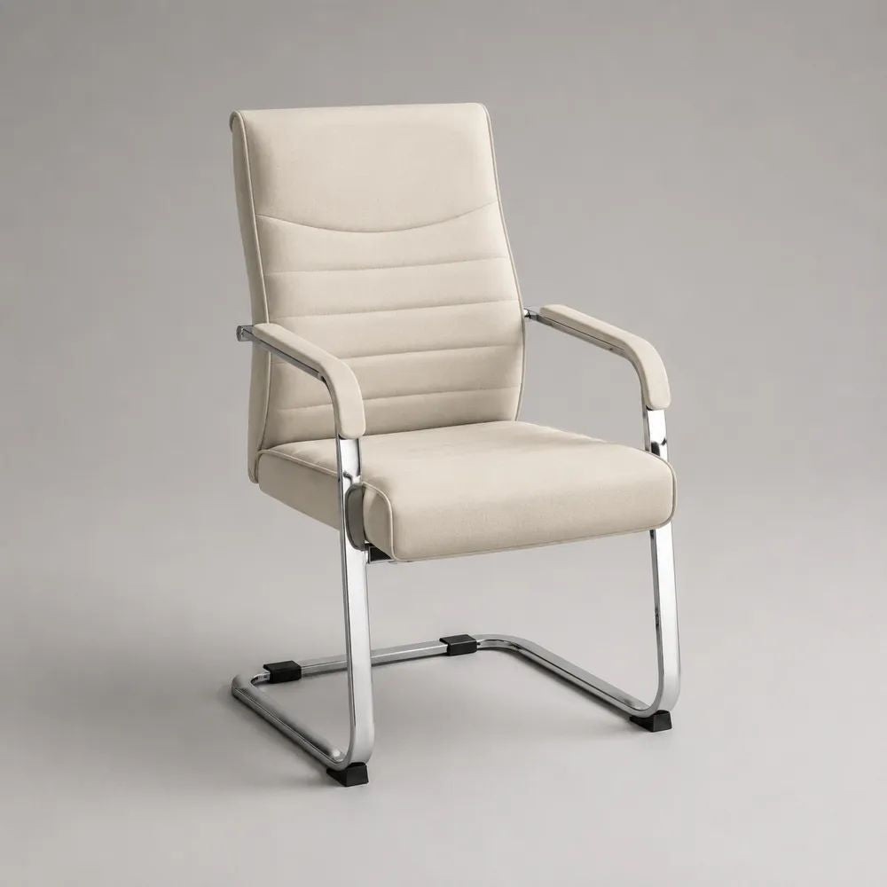 Freischwinger mit Armlehnen aus Kunstleder und Metall, Cremeweiß/Silber, 58 × 62 × 96 cm