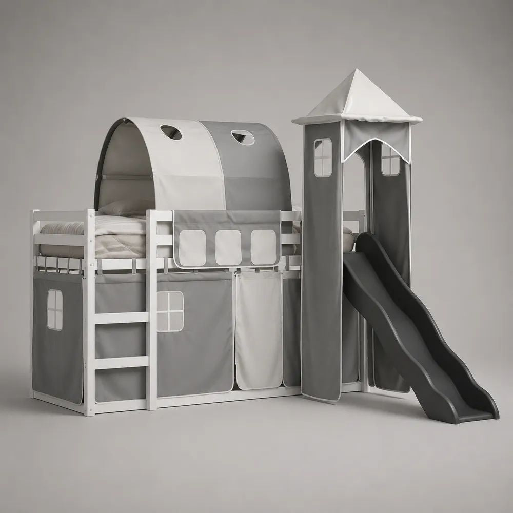 Kinderhochbett aus Massivholz mit Rutsche, Spielturm, Tunnel und Vorhang, Liegefläche 90 × 200 cm, Gesamtmaß ca. 208 × 218 × 220 cm, Grau/Weiß