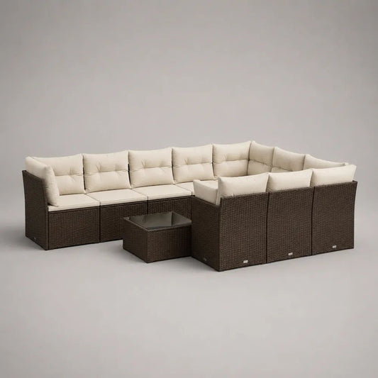 9-teiliges Gartensofa-Set in U-Form aus PE-Rattan mit Polsterauflagen und Glastisch, Braun/Creme, 310 × 240 × 74 cm