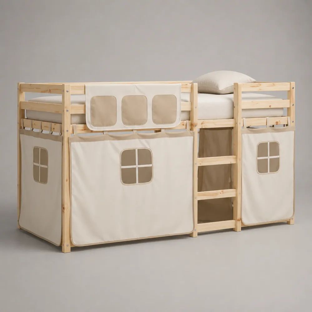 Kinderhochbett 90 x 200 cm mit Vorhang, Lattenrost und Leiter aus massiver Kiefer, Natur/Weiß/Beige, 208 x 97 x 150 cm