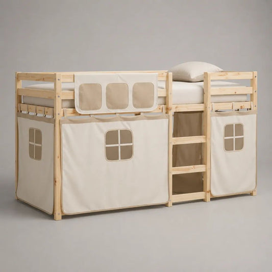 Kinderhochbett 90 x 200 cm mit Vorhang, Lattenrost und Leiter aus massiver Kiefer, Natur/Weiß/Beige, 208 x 97 x 150 cm