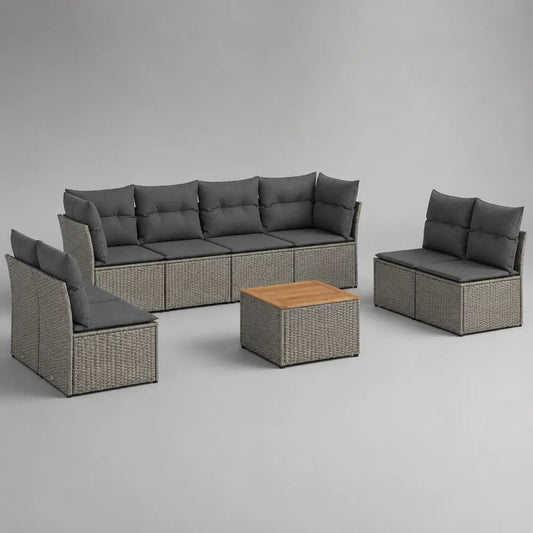8-teiliges Polyrattan-Gartenmöbel-Set Grau mit 7 Sitzplätzen, 4-Sitzer-Sofa 260 × 70 × 73 cm, 2-Sitzer-Sofa 130 × 70 × 73 cm, Sessel und Tisch 65 × 65 × 40 cm