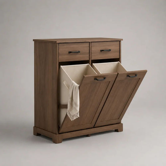 Wäscheschrank aus MDF und Spanplatte mit 2 Wäschesäcken und 2 Schubladen, Walnussbraun/Beige/Schwarz, 80 × 38 × 90 cm