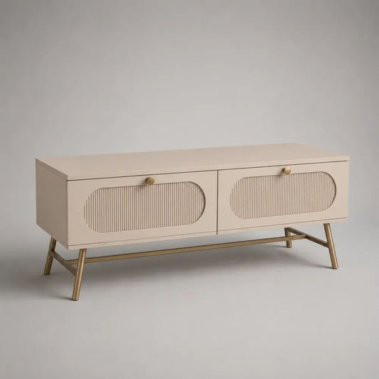 TV-Lowboard mit 2 Klapptüren aus MDF und Stahl, Beige/Gold, 120 × 40 × 55 cm