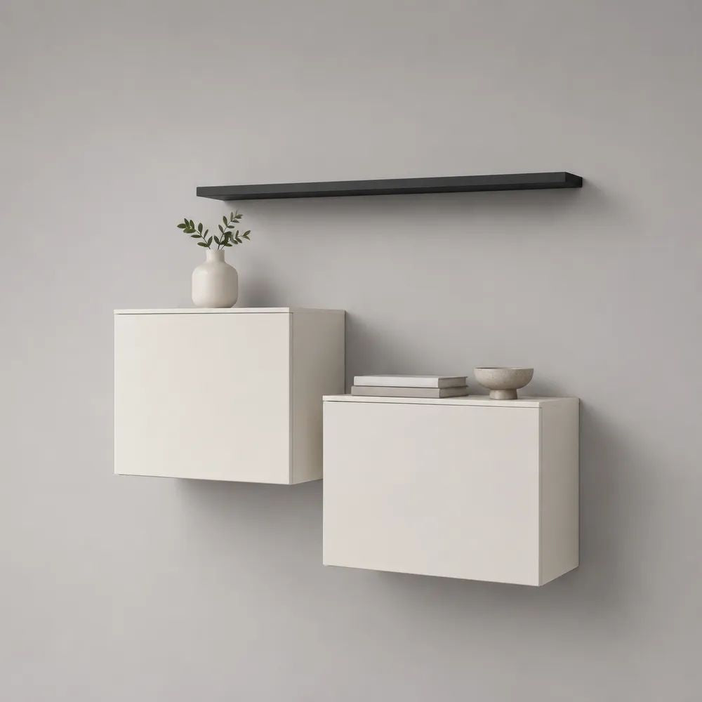 3-teiliges TV-Wandmöbel-Set aus Melaminspanplatte, Weiß/Schwarz, Hängeschränke 60 × 30 × 60 cm und 90 × 30 × 50 cm, Wandregal 140 × 20 × 4 cm
