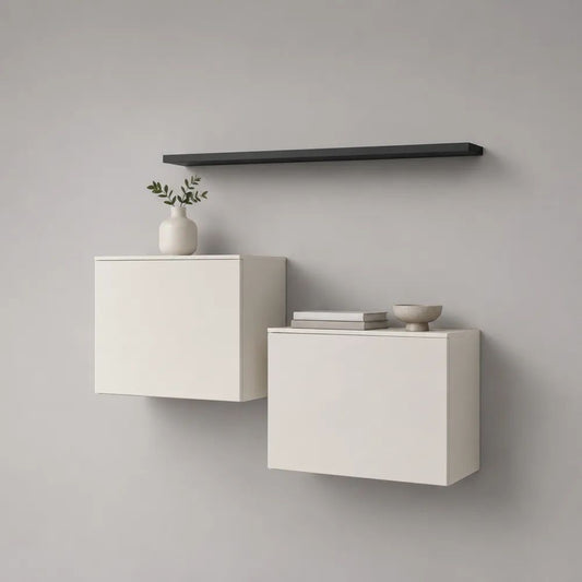 3-teiliges TV-Wandmöbel-Set aus Melaminspanplatte, Weiß/Schwarz, Hängeschränke 60 × 30 × 60 cm und 90 × 30 × 50 cm, Wandregal 140 × 20 × 4 cm