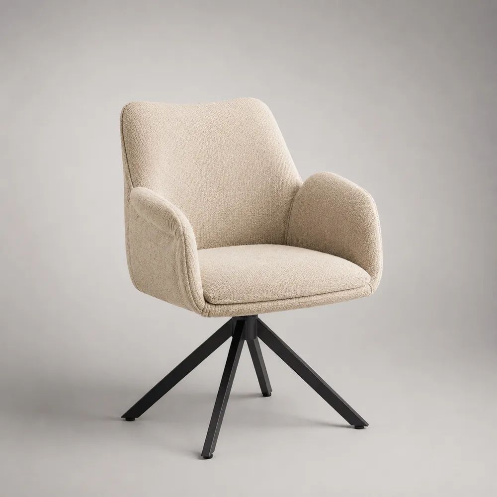 Drehbarer Esszimmerstuhl mit Armlehnen, Bouclé-Polyesterbezug und Metallgestell, Beige/Schwarz, 62 × 61 × 83 cm