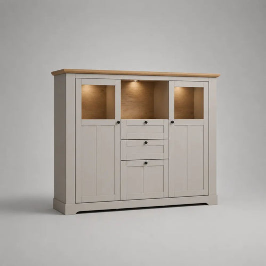 Vitrinenschrank-Highboard mit LED-Beleuchtung aus MDF und Klarglas, Weiß/Eiche Natur, 160 x 42 x 140 cm