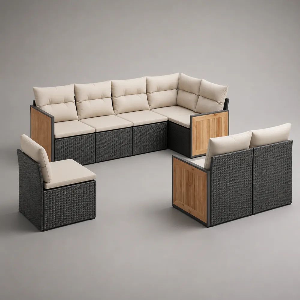 7-teiliges Gartenlounge-Set aus PE-Rattan, Akazienholz und Stahl, L-Form, Anthrazit/Beige/Naturbraun, 228 × 168 × 74 cm
