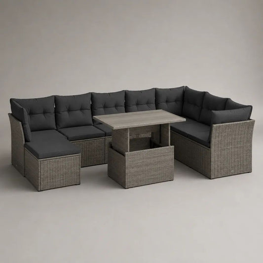 5-teiliges Gartenmöbel-Set mit U-förmigem Gartensofa und höhenverstellbarem Esstisch, PE-Rattan und Stahl, Grau/Anthrazit/Hellgrau, 250 × 190 × 85 cm