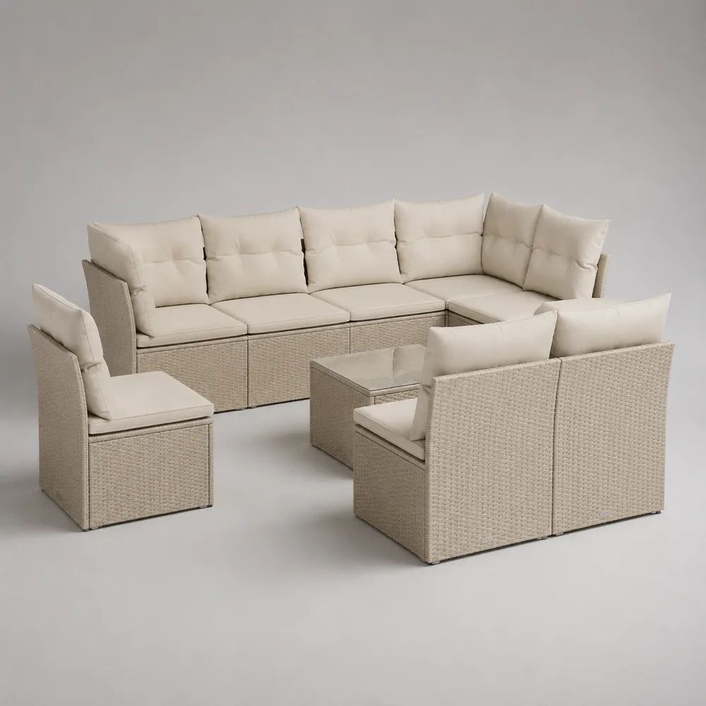 9-teiliges Gartenlounge-Set aus PE-Rattan in U-Form, Beige/Cremeweiß, ca. 260 x 210 x 73 cm, Tisch ca. 70 x 70 x 35 cm