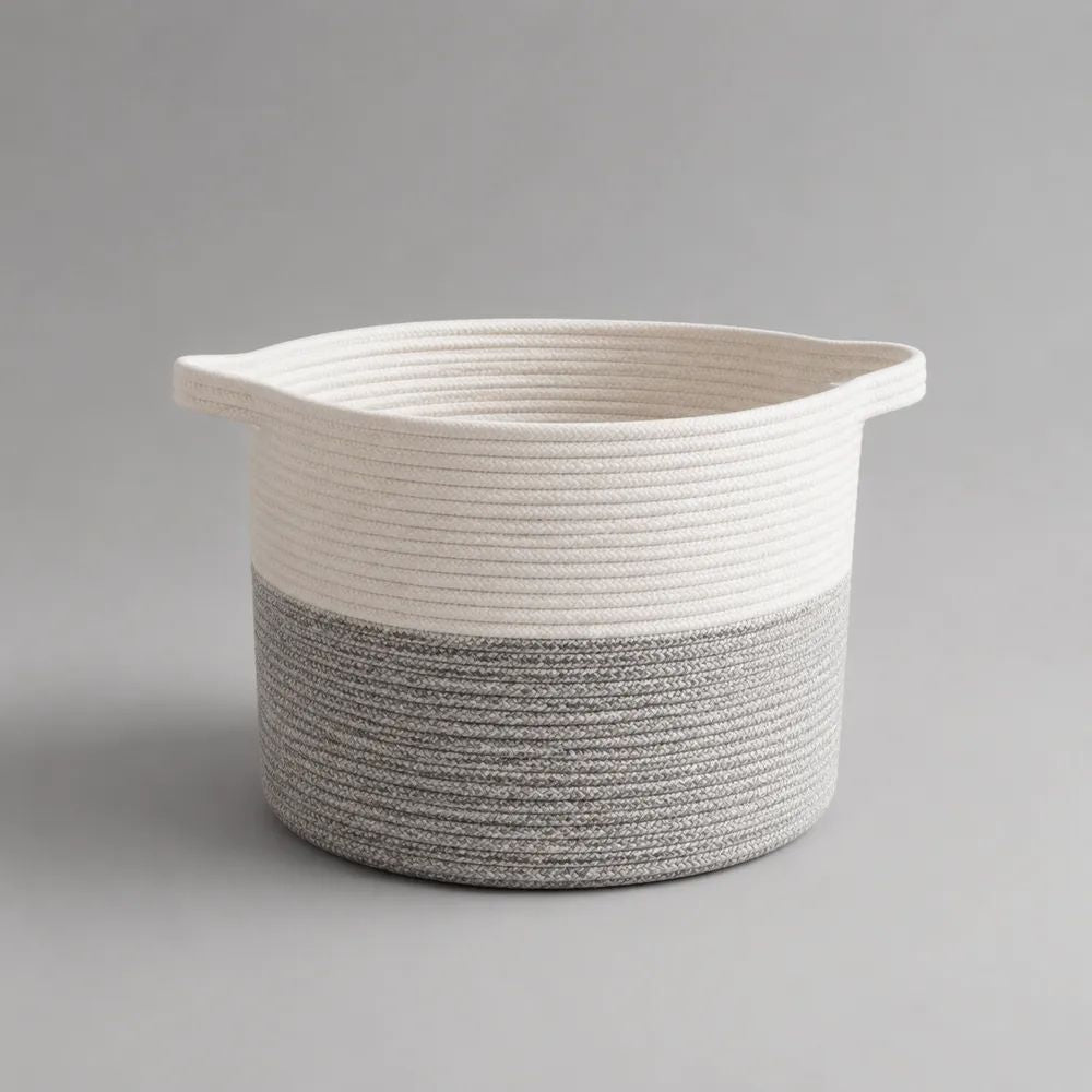 Runder Wäschekorb aus Baumwoll-Polyester-Seil mit Griffen, Grau/Weiß, Ø 40 × H 35 cm, 40 l