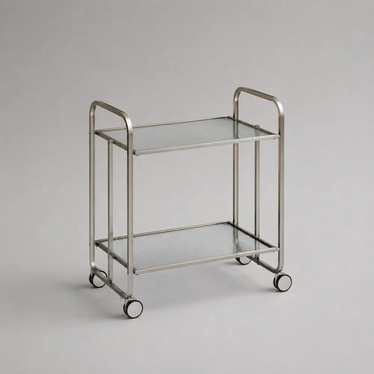 Küchenwagen Servierwagen aus verchromtem Stahl und Glas, 2 Ablagen, 4 Rollen, Silber/Transparent/Schwarz, 68 x 40 x 78 cm