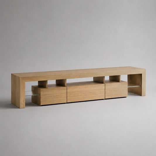 Rechteckiges TV-Lowboard aus MDF mit Eichenfurnier und Stauraum, Eiche Natur/Schwarz/Transparent, 240 x 40 x 65 cm