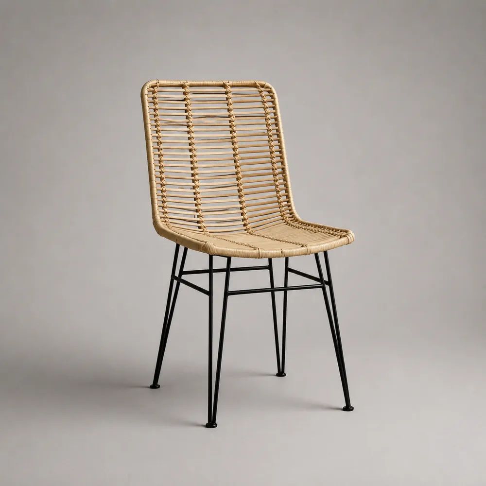 Esszimmerstuhl aus PE-Rattan mit Stahlgestell, Natur/Schwarz, 47 × 56 × 84 cm