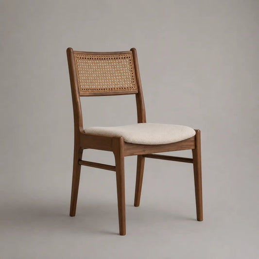 Esszimmerstuhl aus Massivholz mit Rattangeflecht und Stoffbezug, Braun/Creme/Natur, 49 × 55 × 84 cm