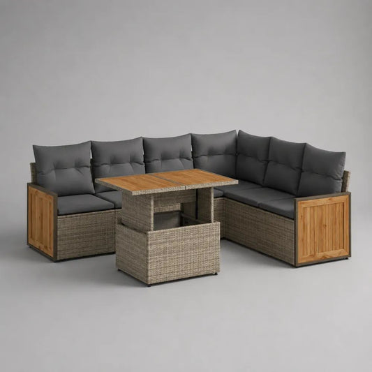 4-teiliges Gartenlounge-Set mit L-förmigem Ecksofa und höhenverstellbarem Tisch aus PE-Rattan und Akazienholz, Grau/Naturbraun/Anthrazit, 238 × 238 × 86 cm