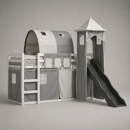 Kinderhochbett aus Massivholz mit Rutsche, Spielturm, Tunnel und Vorhang, Liegefläche 90 × 200 cm, Gesamtmaß ca. 208 × 218 × 220 cm, Grau/Weiß