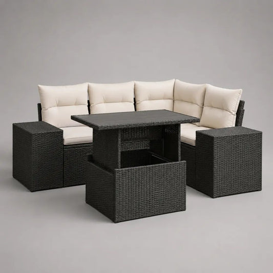 7-teiliges Gartenmöbel-Set aus PE-Rattan mit L-förmigem Ecksofa, Esstisch und 3 Hockern, Schwarz/Creme, 196 × 196 × 73 cm