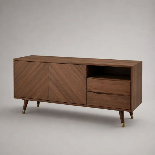 TV-Lowboard und Sideboard aus MDF mit Walnussfurnier, Walnussbraun/Messingfarben, 160 × 40 × 75 cm