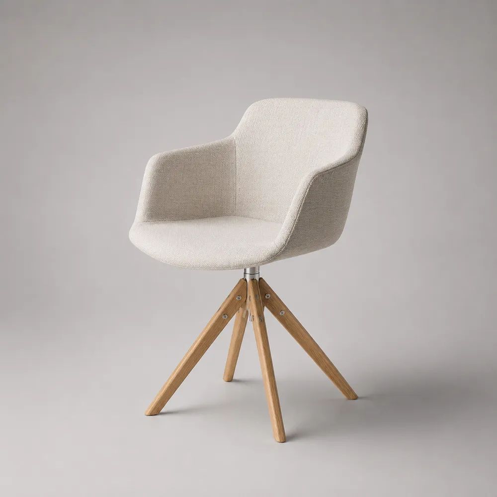Drehbarer Esszimmerstuhl mit Armlehnen aus Bouclé und Massivholz, Beige/Natur, 58 × 60 × 82 cm