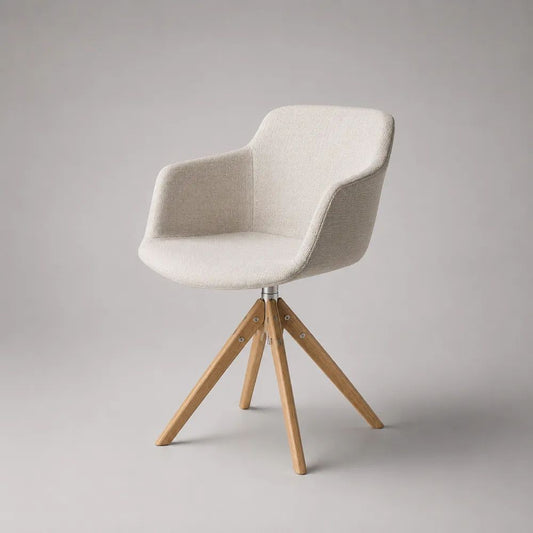 Drehbarer Esszimmerstuhl mit Armlehnen aus Bouclé und Massivholz, Beige/Natur, 58 × 60 × 82 cm