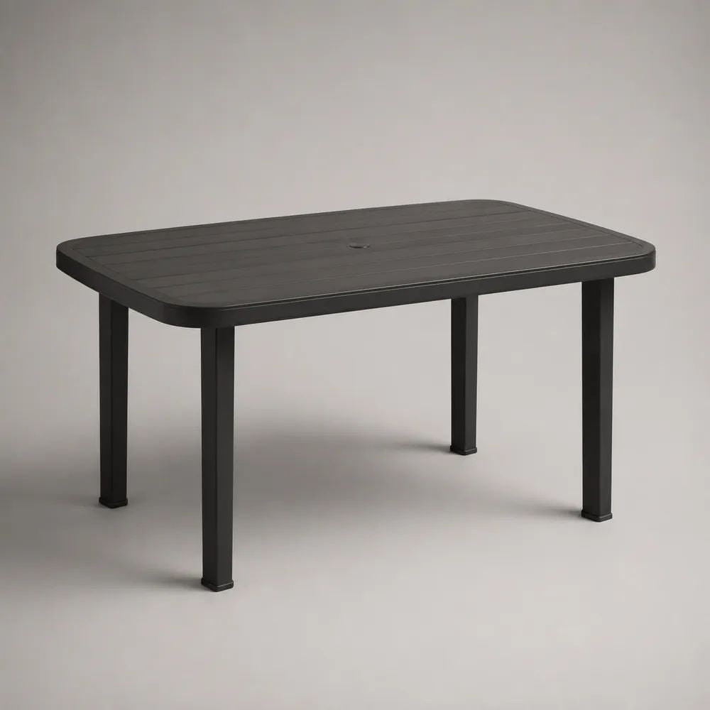 Rechteckiger Gartentisch aus Polypropylen, Schwarz, 126 × 76 × 72 cm, mit Sonnenschirmöffnung