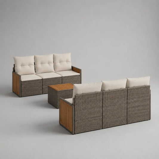 3-teiliges Gartensofa-Set aus PE-Rattan, Metall und Holz, Grau/Beige/Braun/Anthrazit, 2 Dreisitzer je 190 × 72 × 78 cm, Tisch 65 × 65 × 35 cm