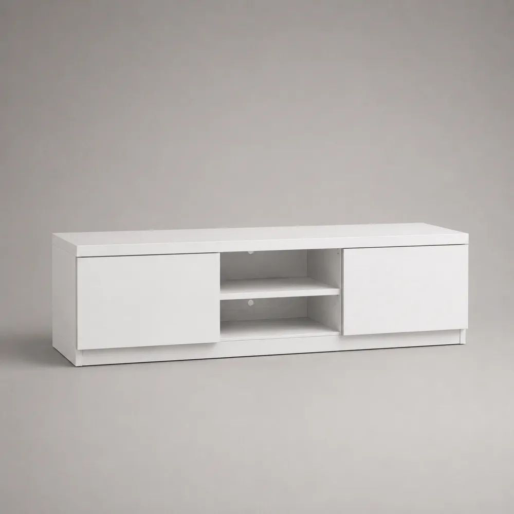 TV-Lowboard aus Spanplatte mit 2 Türen und 2 offenen Fächern, Weiß, 140 × 40 × 45 cm