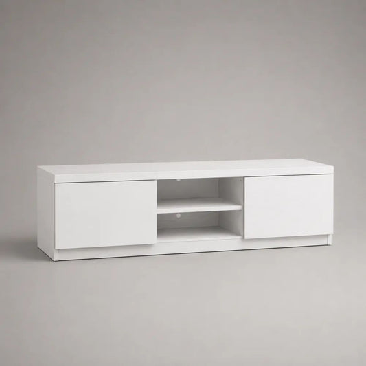 TV-Lowboard aus Spanplatte mit 2 Türen und 2 offenen Fächern, Weiß, 140 × 40 × 45 cm