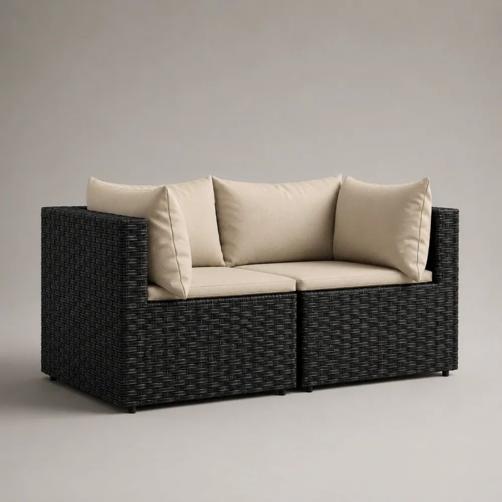 2-teiliges 2-Sitzer-Gartensofa-Set aus PE-Rattan mit Stahlrahmen und Polstern, Schwarz/Beige, 124 x 62 x 69 cm