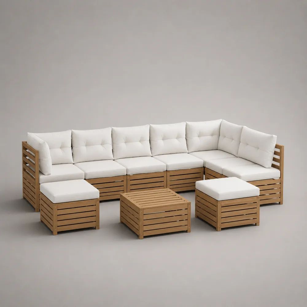 9-teilige L-förmige Gartenlounge aus massivem Akazienholz mit Polstern und Tisch, Naturbraun/Cremeweiß, 340 × 136 × 65 cm